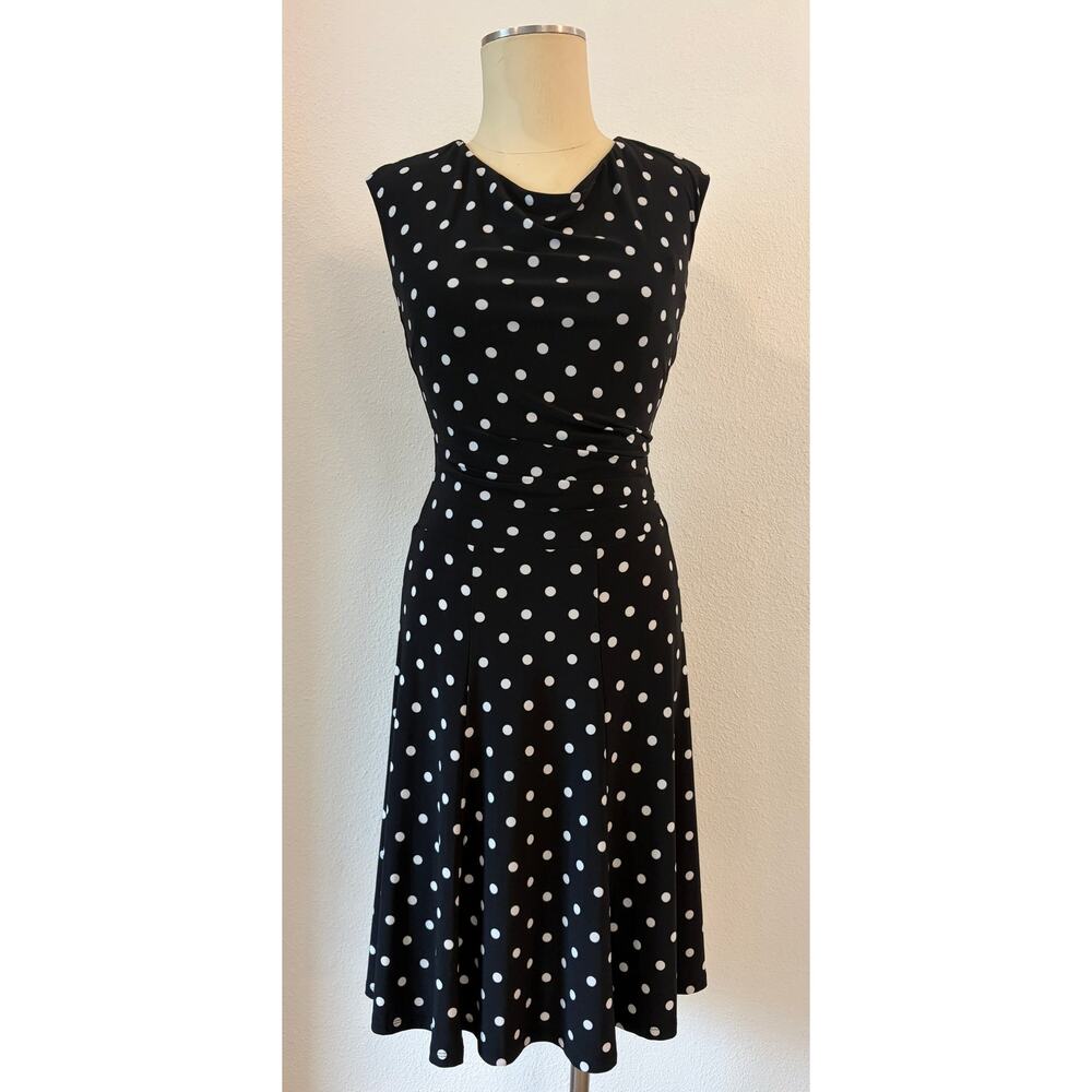 Lauren Ralph Lauren Polka Dot Dress Size 14 Black White Fit Flare Midi Sleeveles